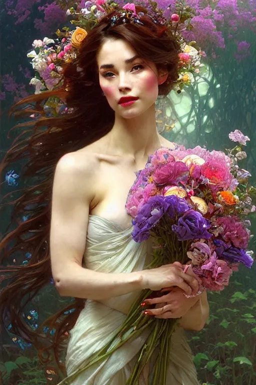 Image similar to portrait of a beautiful mysterious woman holding a bouquet of flowing flowers, hands hidden under the bouquet, lying in a pool of water, fantasy, regal, intricate, by stanley artgerm lau, greg rutkowski, thomas kindkade, alphonse mucha, loish, norman rockwell