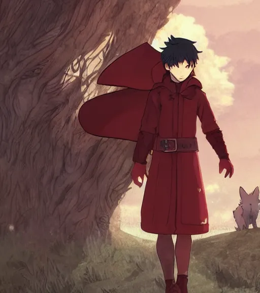 Image similar to attractive little boy character inspired in little red riding hood and evil wolf, digital artwork made by akihiko yoshida and makoto shinkai, anatomically correct, symmetrical