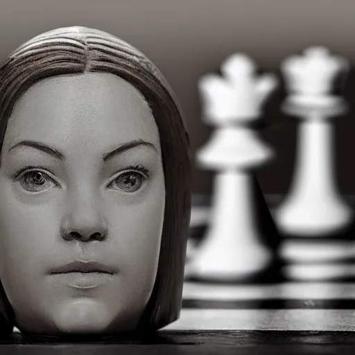 Prompt: carved chess piece with anya taylor - joy face carved in it