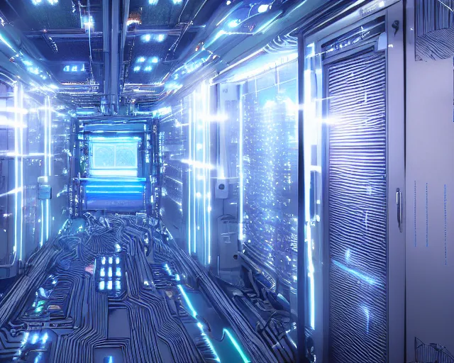 Image similar to artificial intelligence datacentre, central server, deep view, heavy blue led lights, wires connected, award winning, extremely detailed, artstation, 8 k, incredible art