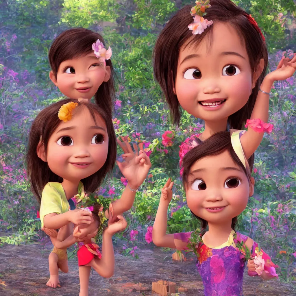 Image similar to A beautiful and cute little thai girl in Pixar artstyle, cgi