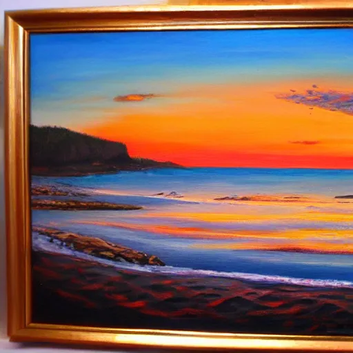 Image similar to sunset over a wooden cabin on the coast in the distance, sea, oil painting, very detailed, colorful