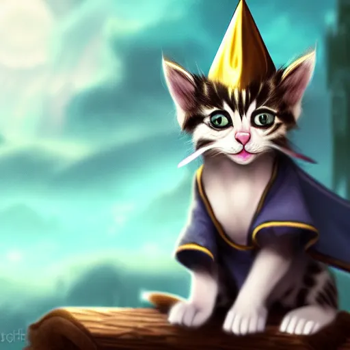 Image similar to a kitten wearing wizard robes and wizard hat, dungeons and dragons character art, dark, magic, key visual, posing, noble, full body portrait, high resolution, detailed, inspiring, award - winning, clear, crisp, sharp