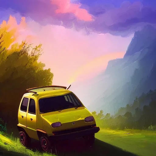 Prompt: fiat panda riding in mountains, dramatic light, impressionist painting, clouds, digital painting, artstation, simon stalenhag