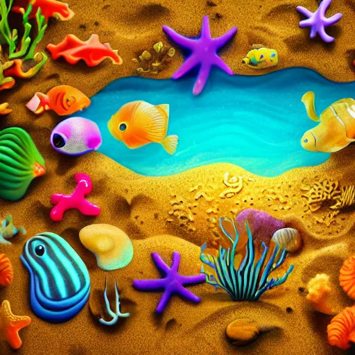 Prompt: an anchor in the sand near a coral reef surrounded by sea creatures, concept art, highly detailed, high quality, bright colors