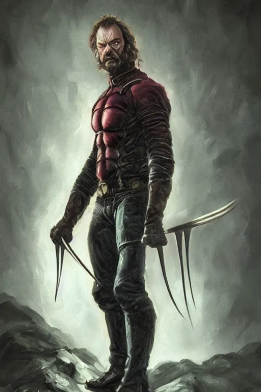 Image similar to a full body high detail fantasy portrait oil painting illustration of a Hugo Weaving as Wolverine by Justin Sweet with face and body clearly visible, in a scenic background, pupils visible, realistic proportions, artstation trending, high quality, sombre mood, artstation trending, muted colours, no crop, entire person visible!, natural light, dusty, Adobe Photoshop, Adobe Lightroom, photolab, Affinity Photo,