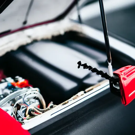 Prompt: a photo of a car's hood with a clear top view of the the car battery with a red jumper cable connected to positive pole of the battery