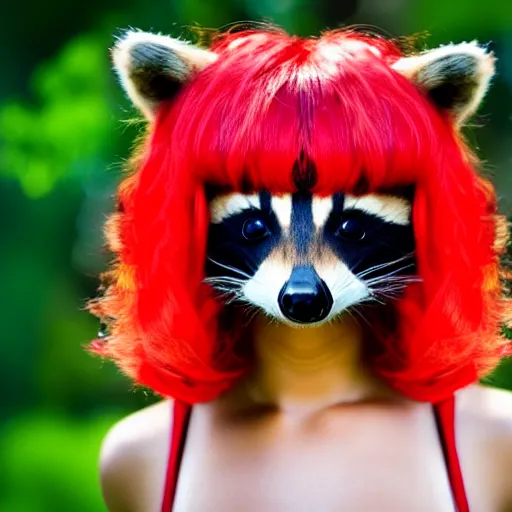 Image similar to raccoon wearing bright red wig, photo, detailed, 4 k