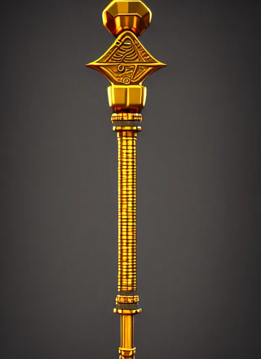 Image similar to rpg item render, a single egyptian gold staff, ancient symbols, bright, Unreal 5, DAZ, hyperrealistic, octane render, dynamic lighting