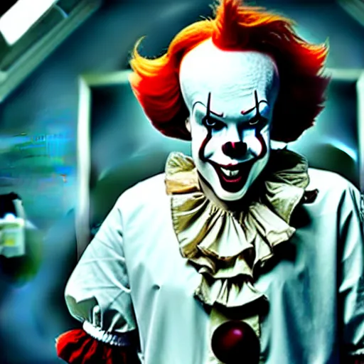 Image similar to a photograph of pennywise dressed as a doctor in a hospital, with a lab coat, with a stethoscope, hyperdetailed, intricate, dramatic, horror movie, movie still, 4 k realistic, volumetric lighting, sharp focus