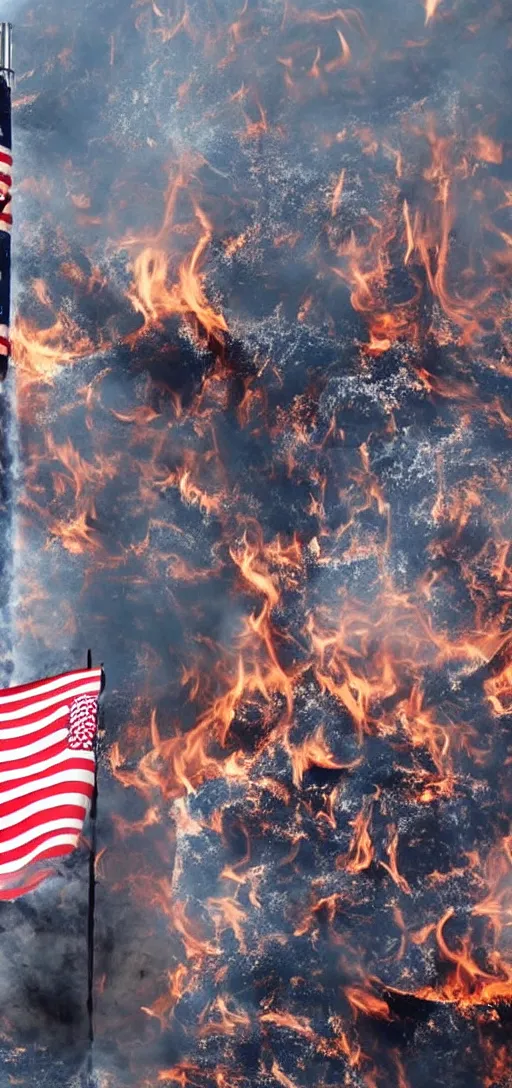 Image similar to american flag being burnt as a much larger USSR flag is being raised up instead, realistic, 4K, real,