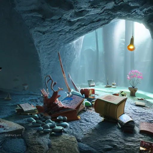 Image similar to books cave, 3 d render, incredible details, highly detailed, photorealistic, disney pixar, smooth, octane render, iridescent, 8 k