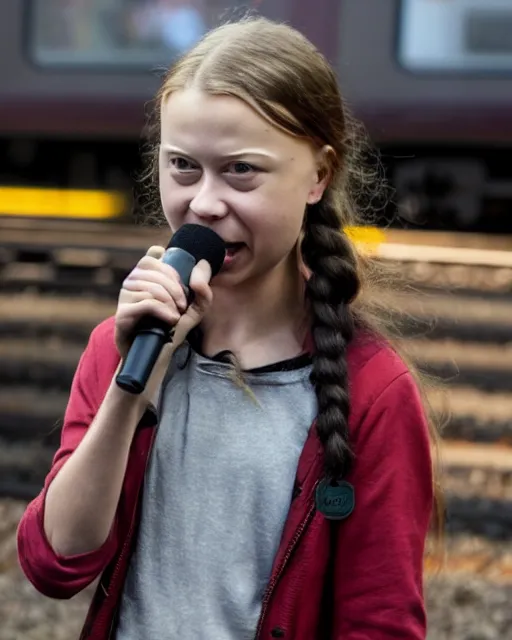 Image similar to film still close - up shot of greta thunberg giving a speech in a train station eating raw meat smiling its. photographic, photography