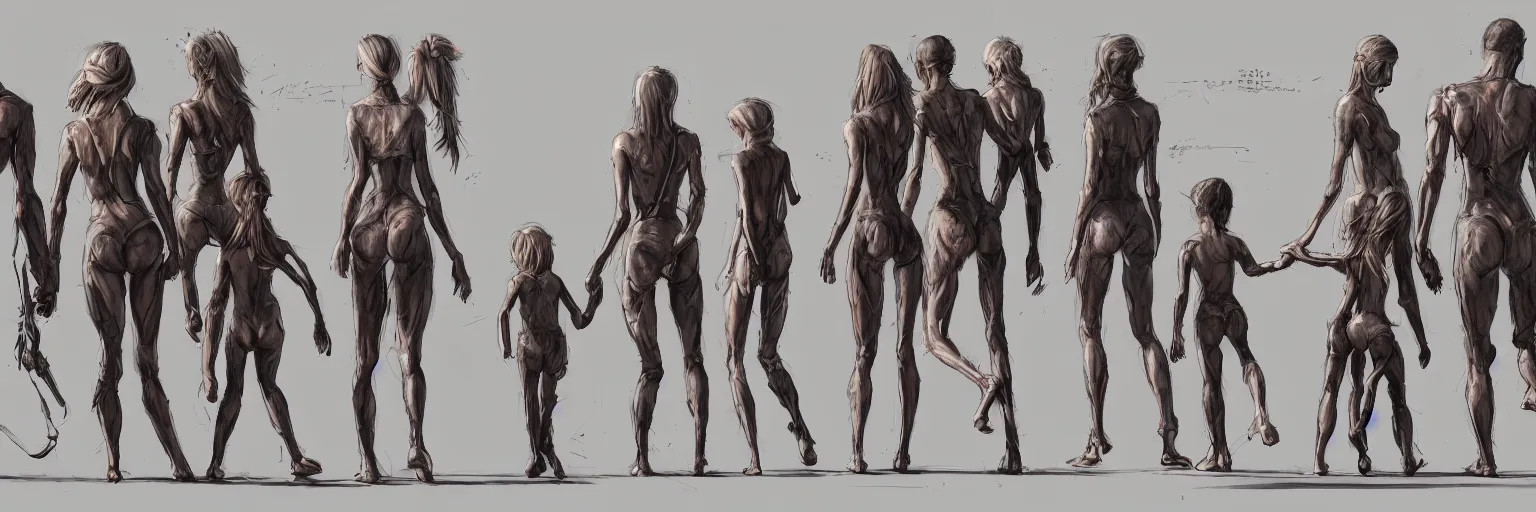 Prompt: family walk cycle, realistic anorexic family walking while wearing a thong, character sheet, fine details, concept design, contrast, kim jung gi, greg rutkowski and francis bacon, trending on artstation, 8 k, full body and head, turnaround, front view, back view, ultra wide angle
