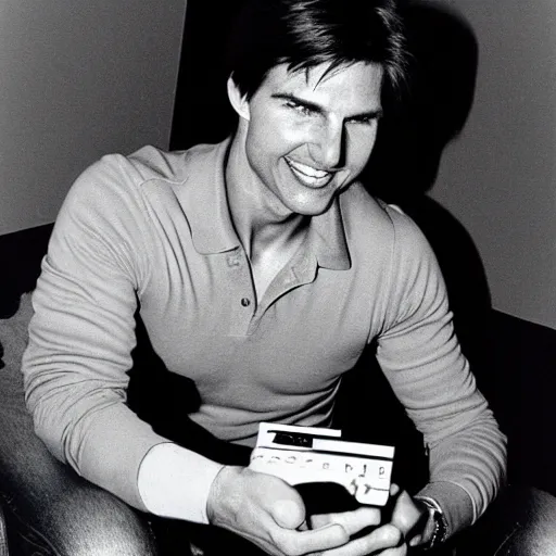 Image similar to Polaroid of Tom Cruise sitting in recliner with remote control watching tv 1983