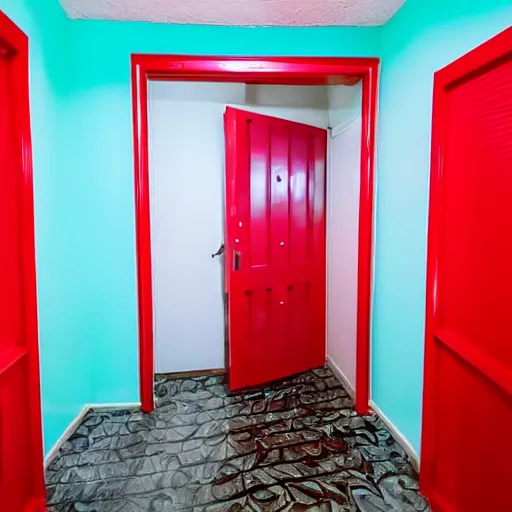 Image similar to two doors, one leads to a bathroom soaked in blue light, the other leads to a scary red hallway, vhs footage