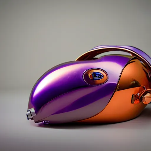 Prompt: award winning product photography, 3 5 mm lens, of a glossy orange metallic and shiny purple metallic shiny ergonomic virtual reality headset as off a 1 9 3 6 bugatti type 5 7, studio lighting,