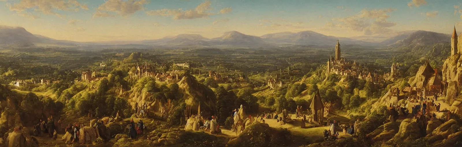 Image similar to a painting of a medieval town on top of a mountain, a matte painting by Charles Cundall,hudson river school,flemish school, matte painting, rococo, detailed painting