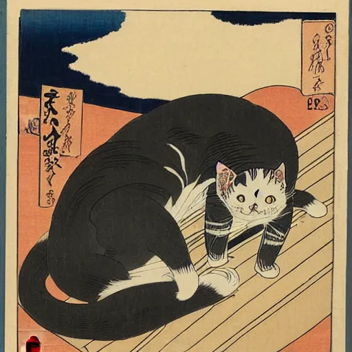 Prompt: a hokusai ukiyo - e portrait of a cat grooming itself, a shocked woman looks at the cat, japanese quote in the top left corner