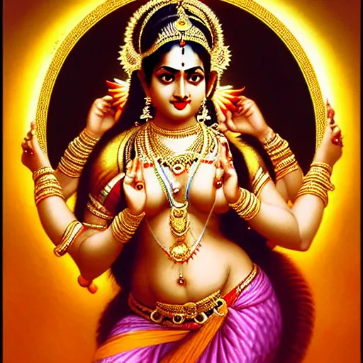 Image similar to seductive lakshmi, laxmi Indian Goddess in a sensual pose, sci-fi, fantasy, intricate, beautiful, elegant, attractive, indian goddess of wealth, highly detailed, digital painting, artstation, masterpiece, concept art, smooth, sharp focus, art by artgerm, hajime sorayama, William-Adolphe Bouguereau and greg rutkowski