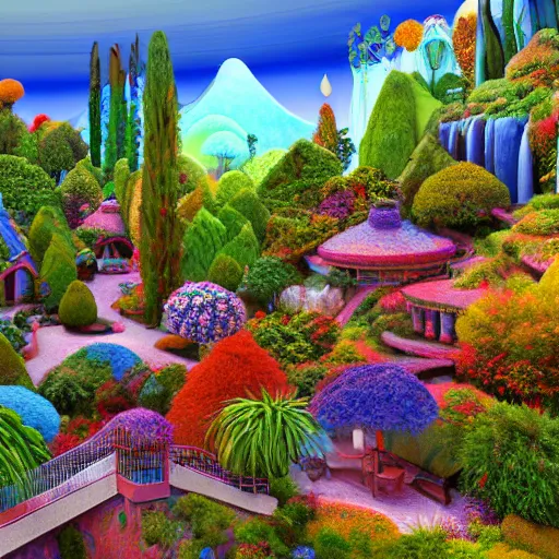 Image similar to a tiltshift 4 k photo of visions of serenity in the garden of enchantment, detailed digital art by howard arkley, anton fadeev and james gurney, hyperdetailed 4 k hd realism rendered in unreal engine