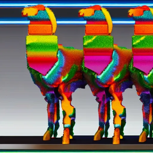 Prompt: 3 rainbow llamas standing around a crt monitor, render,