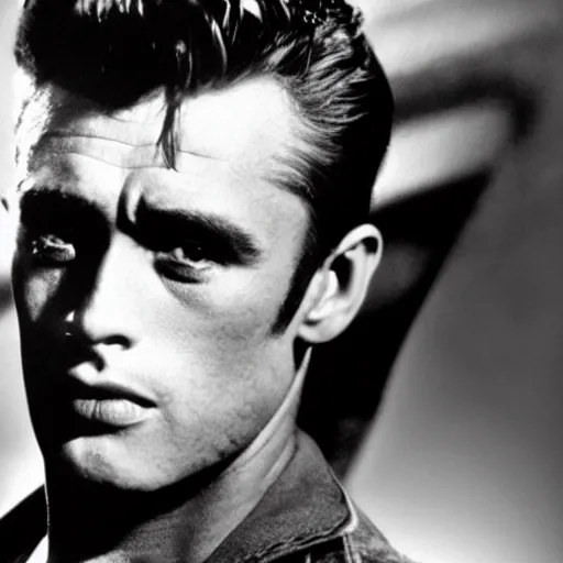 Image similar to genetic combination of james dean, elvis presley, sean connery, and frankenstein's monster. handsome man, prominent cheekbones, deep dimples, strong jaw, striking, hunk. face and upper body focus.