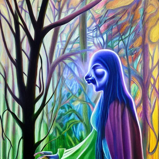 Image similar to painting a jester made of energy and light in a dense foggy forest by Alex Grey, acrylic art, ethereal, soothing, somber, elegant, warm light, cozy, glows,