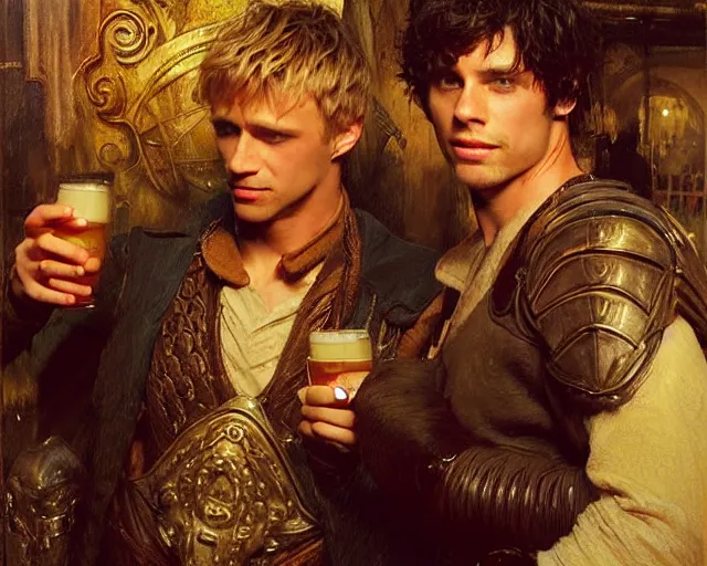 Prompt: attractive arthur pendragon and attractive merlin, both around 2 5 years old go to a pub together to have some drinks. highly detailed painting by gaston bussiere, craig mullins, j. c. leyendecker 8 k