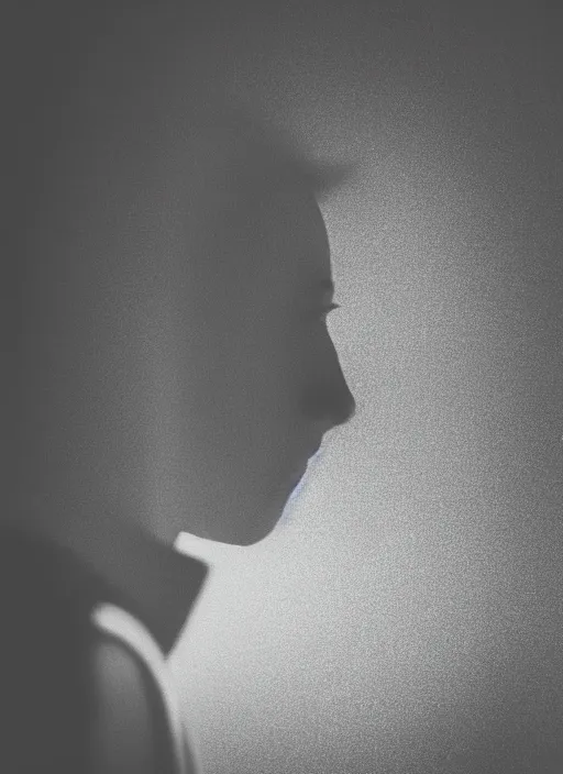 Prompt: human silhouette, large diffused glowing aura, long exposure, film grain, cinematic lighting, experimental portrait photography
