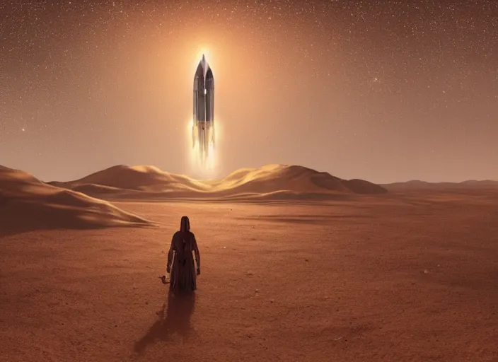 Prompt: a silver space rocket in a martian desert, by jean delville and sophie anderson and mandy jurgens, retrofuturism, moody atmosphere, cinematic atmospheric, cinematic lighting, golden ratio, perfect composition, elegant, no crop, extremely detailed, 4 k, hd, sharp focus, masterpiece, trending on artstation