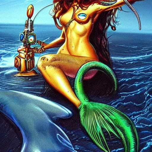 Prompt: mermaid cyborg with a laser whip, realistic, detailed, photorealistic, in the style of boris vallejo