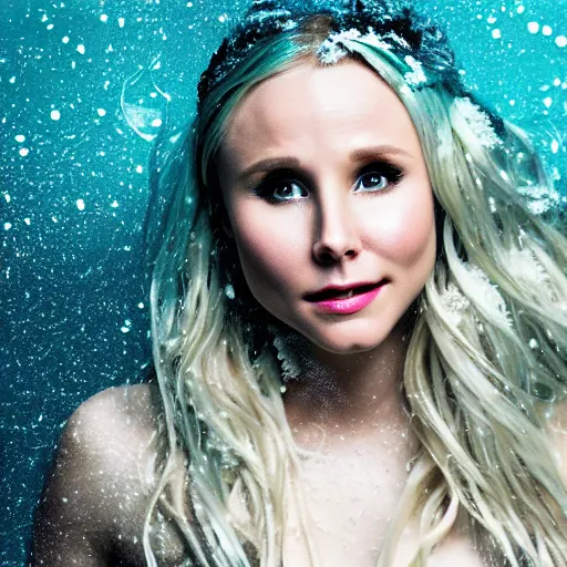 Image similar to Kristen Bell as a mermaid covered in snow, grungy, unkept hair, glowing eyes, winter, modelsociety, radiant skin, huge anime eyes, RTX on, bright on black, dramatic, studio lighting, perfect face, intricate, Sony a7R IV, symmetric balance, polarizing filter, Photolab, Lightroom, 4K, Dolby Vision, Photography Award