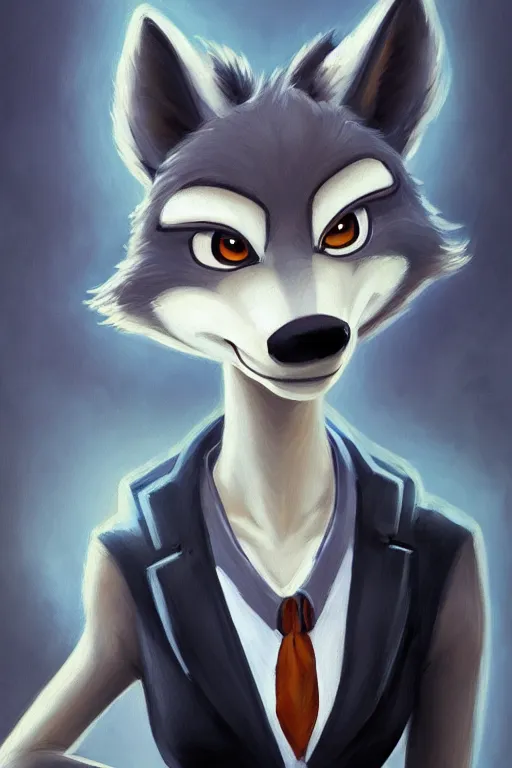 Image similar to oil painting of anthromorphic female wolf, in style of zootopia, female fursona, furry, furaffinity, 4 k, deviantart, furry art, fursona art, wearing black business suit, business suit, wolf fursona, cyberpunk, female, very expressive detailed feminine face,