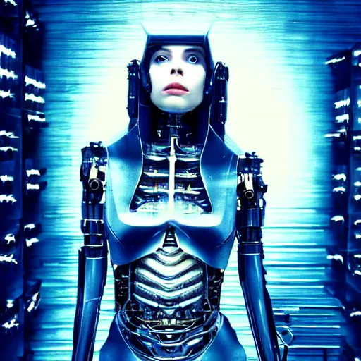 Image similar to charlotte kemp muhl as a cyborg android, giger, futuristic, cyberpunk, neon, vivid color, high resolution, 8 k detail