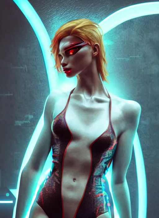 Prompt: a sensual caucasian female humanoid with freckles, cyber neon lighting, futurism, intricate futuristic jewelry accessories, cyberpunk latex swimsuit, profile posing, hyper photorealistic, crispy quality, digital photography, trending in artstation, trending in pinterest, cinematic, 4 k ultra hd, art by pascal blanche, art by greg rutkowski,