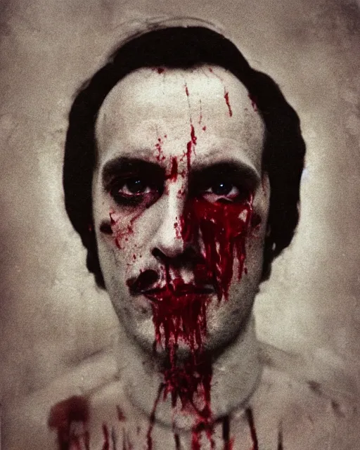 Prompt: an instant photo of a handsome but sinister ghost of a man in layers of fear, with violence in his eyes, 1 9 7 0 s, seventies, woodlands, delicate embellishments, a little blood, crimson, painterly, offset printing technique, by mary jane ansell