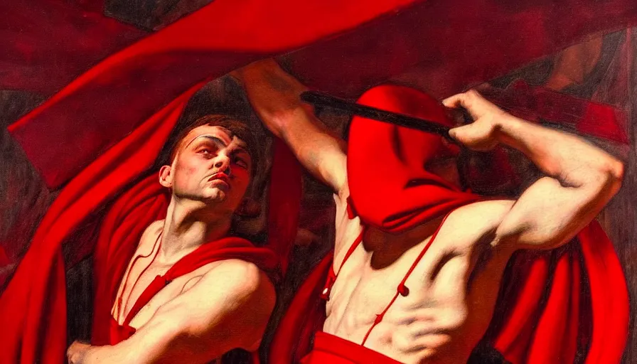 Image similar to only with red, a red gladiator in a crowded roman amphitheatre, crowd cheers him, in the style of rolf armstrong and ambrosius benson and edward hopper, intricate and epic composition, red by caravaggio, highly detailed, masterpiece, red light, artstation