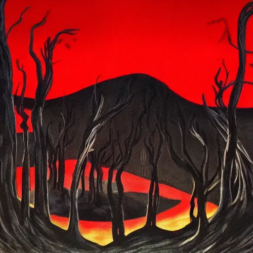 Prompt: dark painting of a landscape by dr seuss | horror themed | creepy