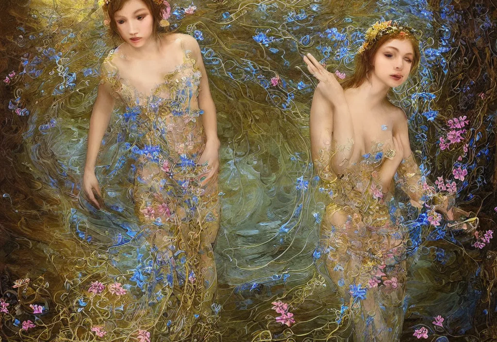 Prompt: breathtaking detailed soft painting of a dryad in a pond with voluptuous kois and intricate flowers of light, art by kelogsloops, gauze dress draped of fireflies and an art nouveau golden ribbons, soft blue tones, elegant, highly detailed, midjourney, concept art, matte, sharp focus,