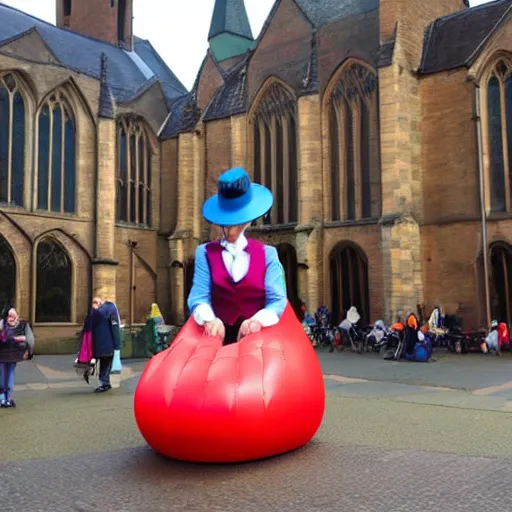 Image similar to Mary Poppins sitting on an inflatable hotdog outside Coventry cathedral