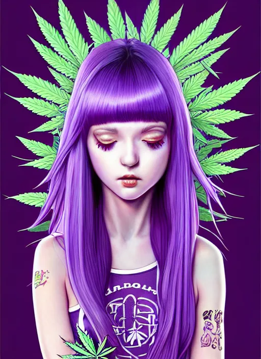 Image similar to richly detailed colored pencil 3 d illustration woman silky straight purple hair with iridescence wearing marijuana logo tshirt and short shorts, she staring at the camera happily art by range murata and artgerm.