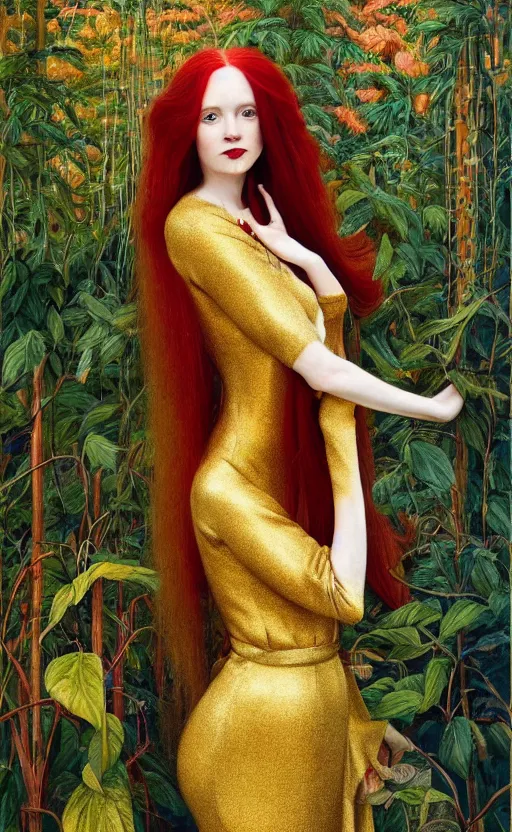 Image similar to portrait of a woman with long red hair, very beautiful style, girl standing, in a gold dress, photorealism, against a winter garden, vanya comoretti,