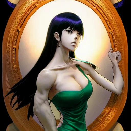 Image similar to highly detailed vfx portrait of nico robin by eiichiro oda!, makoto shinkai, alphonse mucha, sharp focus, art by artgerm and greg rutkowski!, backlit, harsh overhead sunlight, blue eyes!!, large aquiline nose!!, stanley kybric, kaoru mori, shadows, best of behance,