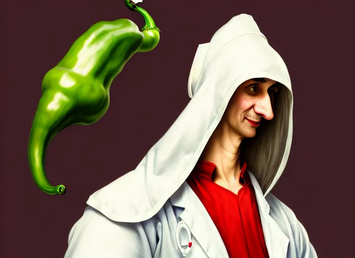 Image similar to anthropomorphic pepper wearing a white doctor's uniform, diffuse lighting, fantasy, hospital background, intricate, elegant, highly detailed, lifelike, photorealistic, digital painting, artstation, illustration, concept art, smooth, sharp focus, art by frank frazetta and marco bucci and loish and rossdraws and artgerm and alphonse mucha