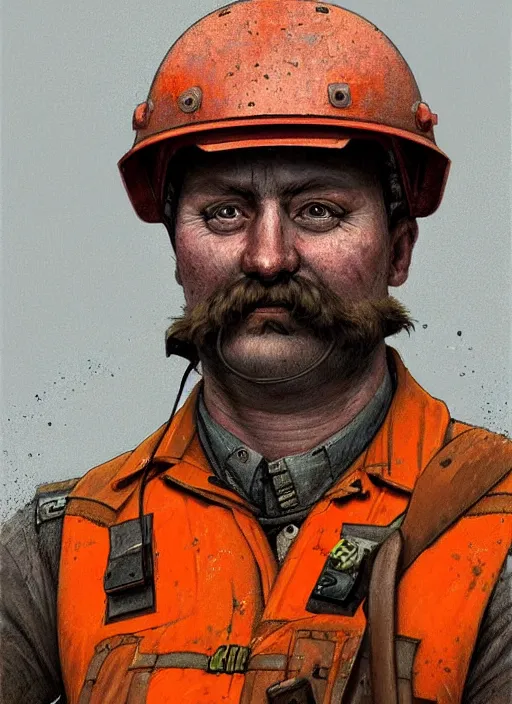 Image similar to a russian railroad electrician!!!, male!!, wearing orange vest!! helmet, straps, siberian forest!!, portrait, dirty, fat, ugly, intricate, elegant, highly detailed, digital painting, artstation, concept art, wallpaper, smooth, sharp focus, illustration, art by artgerm and greg rutkowski and alphonse mucha