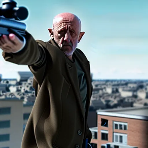 Prompt: Film still of Mike Ehrmantraut aiming with a sniper rifle on a rooftop, 4k, highly detailed