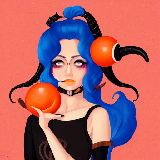 Image similar to illustrated portrait of ram-horned devil woman with blue bob hairstyle and her tangerine colored skin and with solid black eyes wearing leather by rossdraws