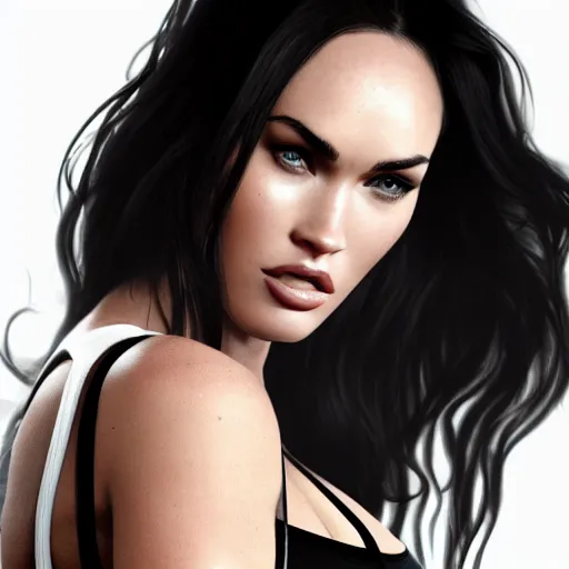 Prompt: beautiful Megan Fox in black bra, character portrait, james gurney, character concept style trending on artstation, detailed face, concept art, detailed, octane render cinematic, photo-realistic, 8k, high detailed