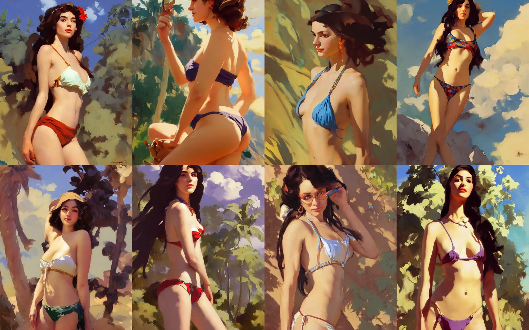 Prompt: portrait of vintage hippie bikini russian iranian model girl traveler greg manchess painting by sargent and leyendecker, studio ghibli, fantasy, medium shot, asymmetrical, intricate, elegant, matte painting, illustration, hearthstone, by greg rutkowski, by greg tocchini, by james gilleard, by joe fenton